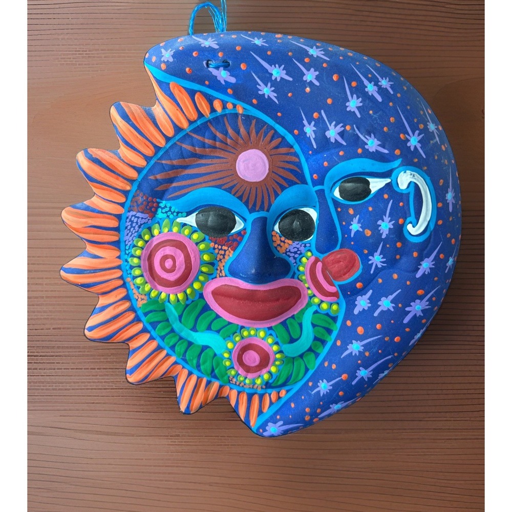 Mexican Talavera Sun & Moon Face Wall Plaque Hand Painted Ceramic Folk Art 7x8